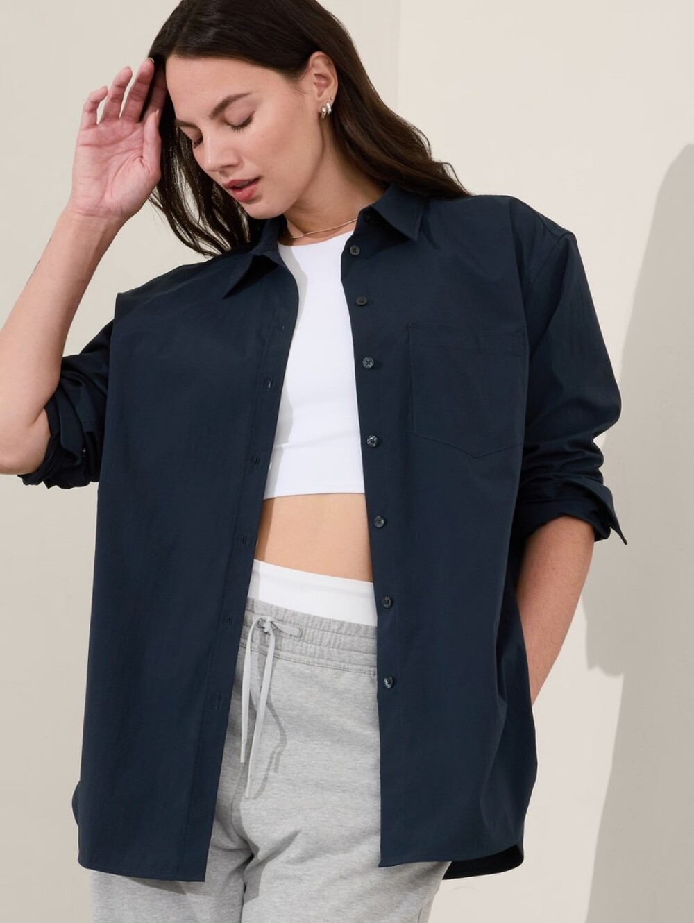 Athleta Navy Blue Button Down Long Sleeve Midday Relaxed Shirt